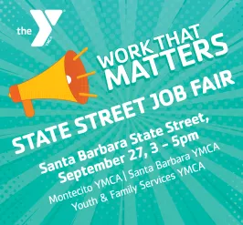 megaphone saying "Work that Matters" "State Street Job Fair"