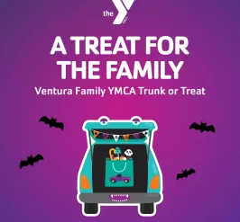 An image with a purple gradient background. There is a teal van with a trunk open revealing a teal back of candy in the back. Text says "A TREAT FOR THE FAMILY. Ventura Family YMCA Trunk or Treat"