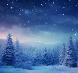 snowy forest with a pink and blue sky