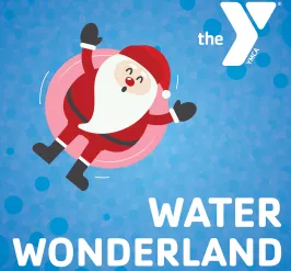 santa on a pink inner tube in a pool