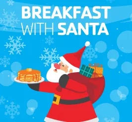 santa on a snowy blue background holding pancakes and a bag of presents