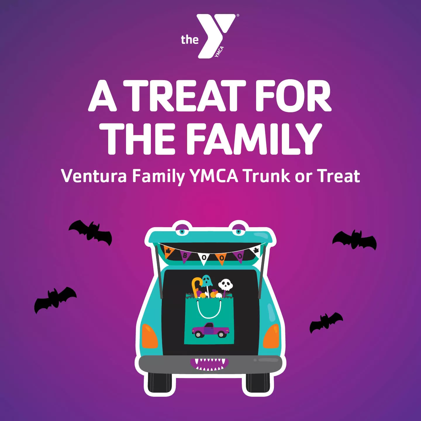 An image with a purple gradient background. There is a teal van with a trunk open revealing a teal back of candy in the back. Text says "A TREAT FOR THE FAMILY. Ventura Family YMCA Trunk or Treat"