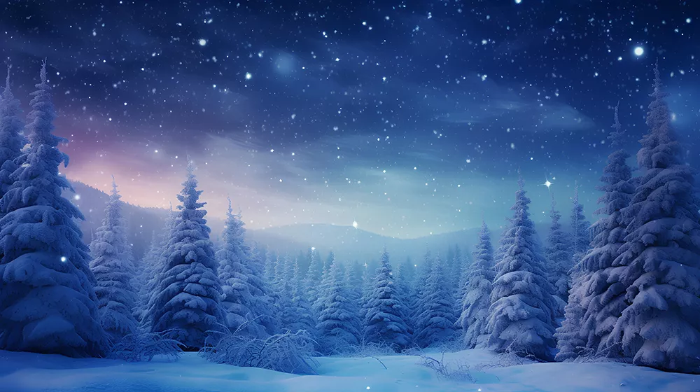 snowy forest with a pink and blue sky