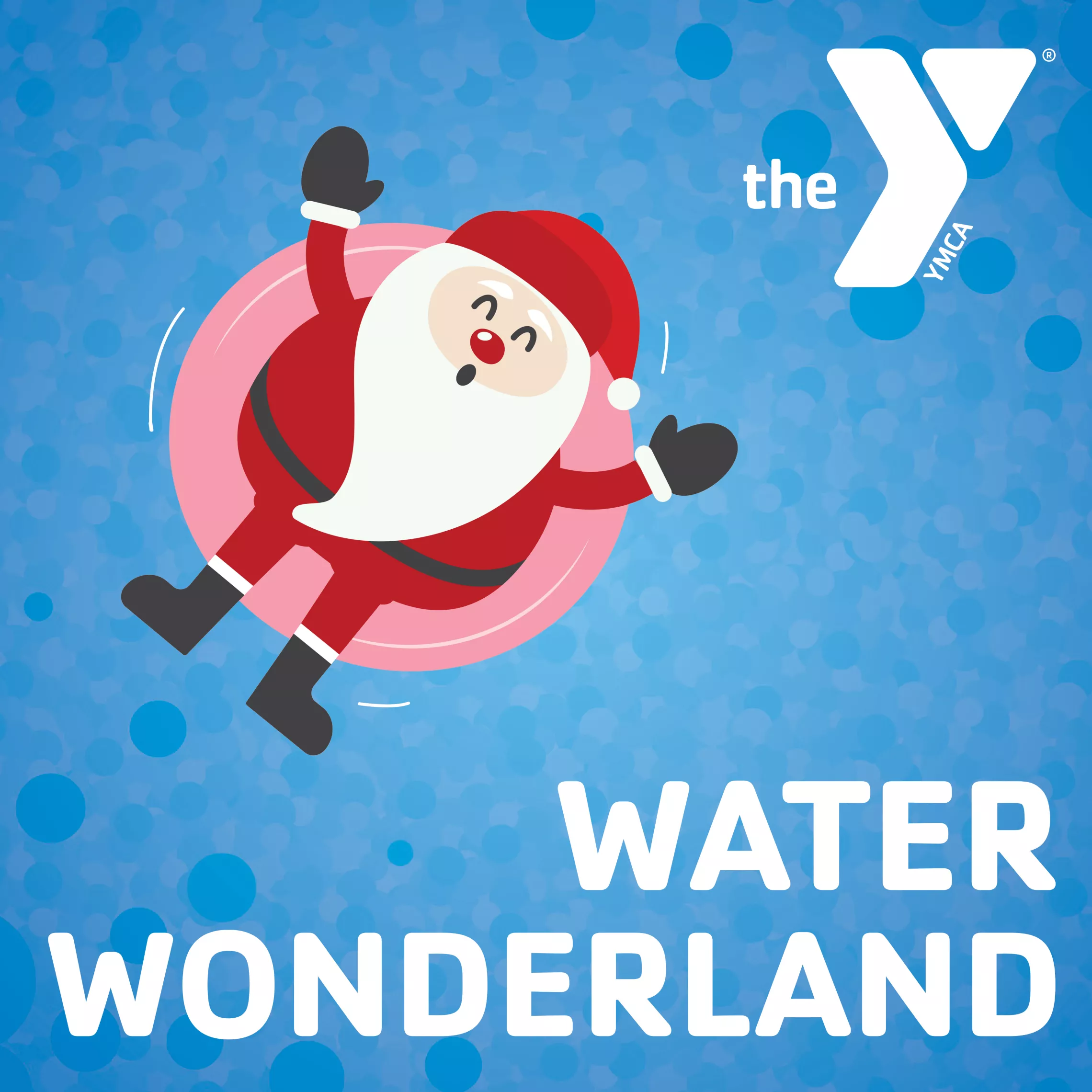 santa on a pink inner tube in a pool