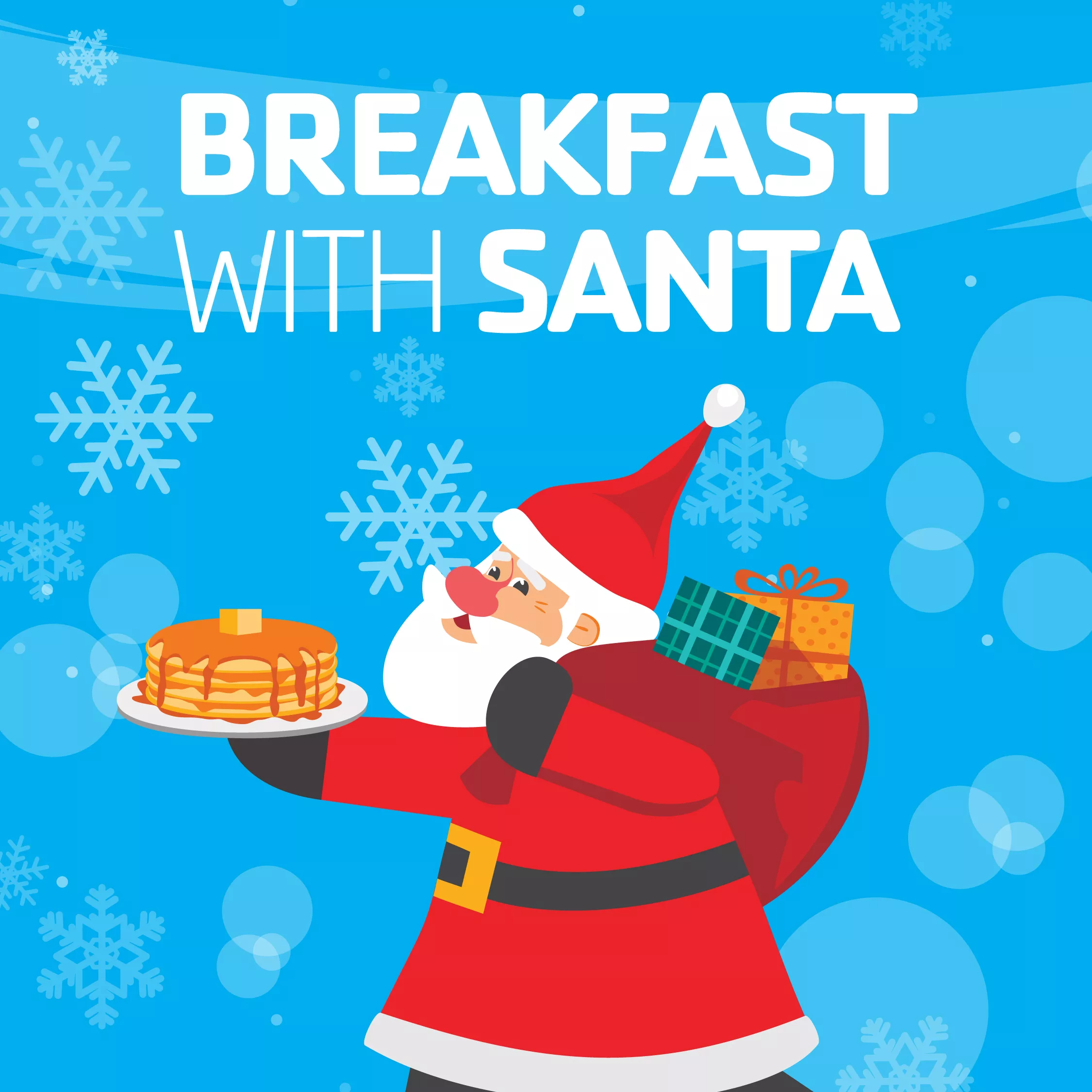 santa on a snowy blue background holding pancakes and a bag of presents